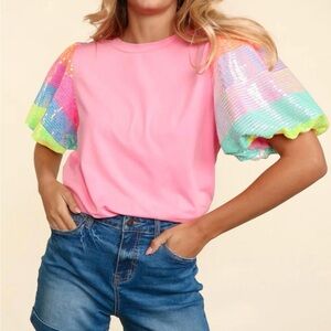 Haptics by Holly Harper stand out pink rainbow sequin puff sleeve top small